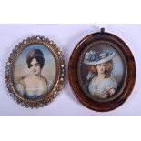 TWO EARLY 20TH CENTURY CONTINENTAL PAINTED IVORY PORTRAIT MINIATURES. Largest image 6 cm x 8.5 cm. (