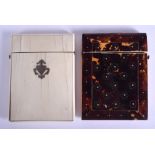 A REGENCY CARVED TORTOISESHELL CARD CASE together with another antique card case. 7.5 cm x 10 cm. (2