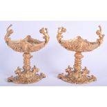 A PAIR OF CONTEMPORARY BRONZE PEDESTAL COMPORTS decorated with foliage and vines. 22 cm x 15 cm.