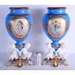 A SUPERB LARGE PAIR OF 19TH CENTURY PARIS PORCELAIN VASES painted with classical scenes, supported b