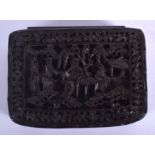 A MID 19TH CENTURY CHINESE CARVED CANTON TORTOISESHELL RECTANGULAR BOX Qing, decorated with figures.
