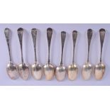 EIGHT GEORGE III SILVER SPOONS. London 1750/60s. 17.9 oz. 17 cm long. (8)