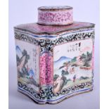 AN 18TH CENTURY CHINESE CANTON ENAMEL TEA CADDY AND COVER Qianlong, painted with figures and boats u