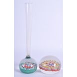 A RARE MILLIFIORE GLASS PAPERWEIGHT VASE together with another paperweight. Vase 23 cm high. (2)