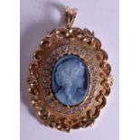 A VINTAGE 9CT GOLD DIAMOND AND CAMEO PENDANT. 17.3 grams. 3 cm x 3.25 cm.