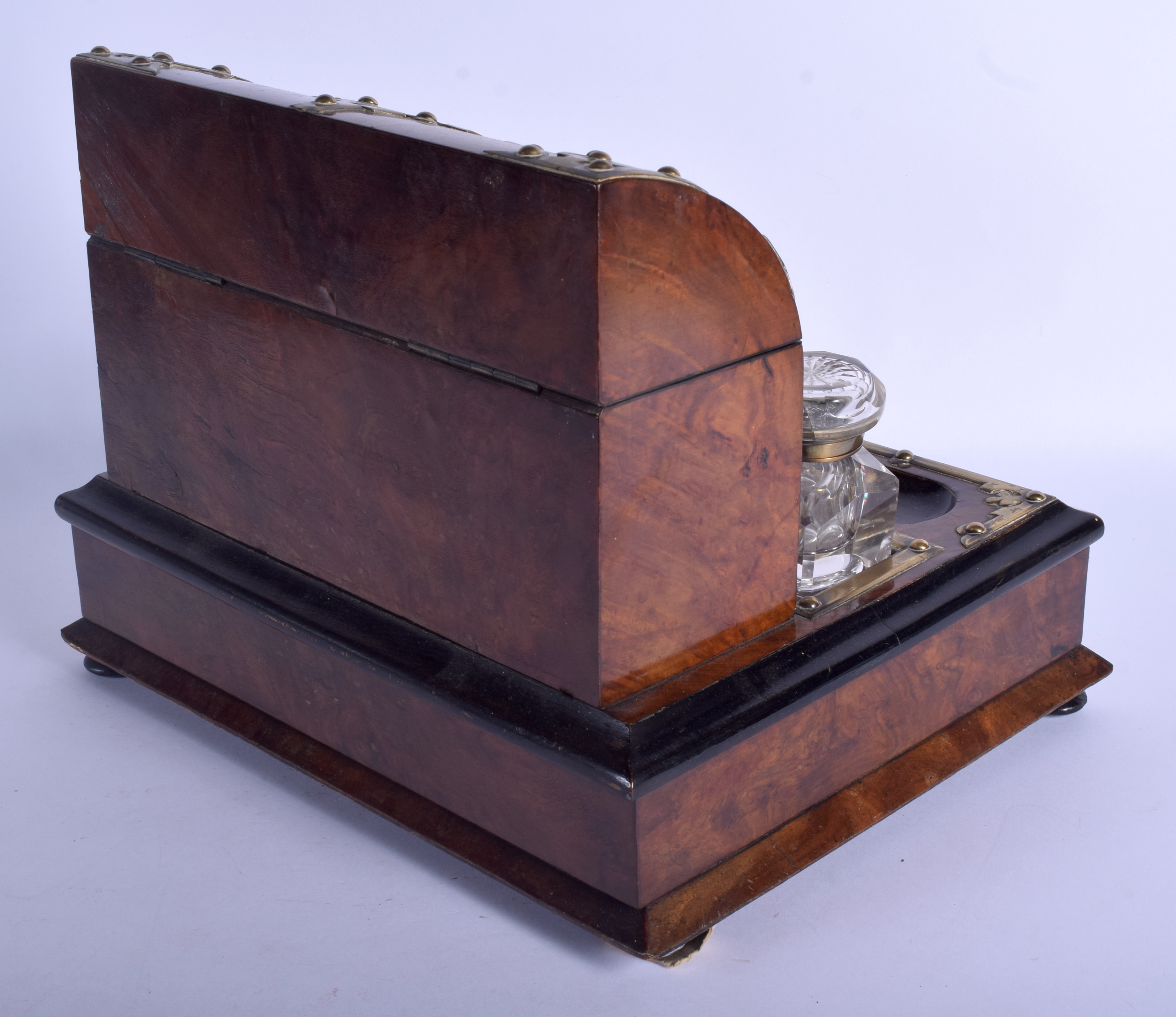 A LATE VICTORIAN BURR WALNUT BRASS BOUND INKWELL in the Gothic revival manner. 33 cm x 31 cm. - Image 2 of 3