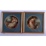 A RARE PAIR OF 18TH CENTURY PAINTINGS ON COPPER depicting Una and the lion & leda and the swan. Imag