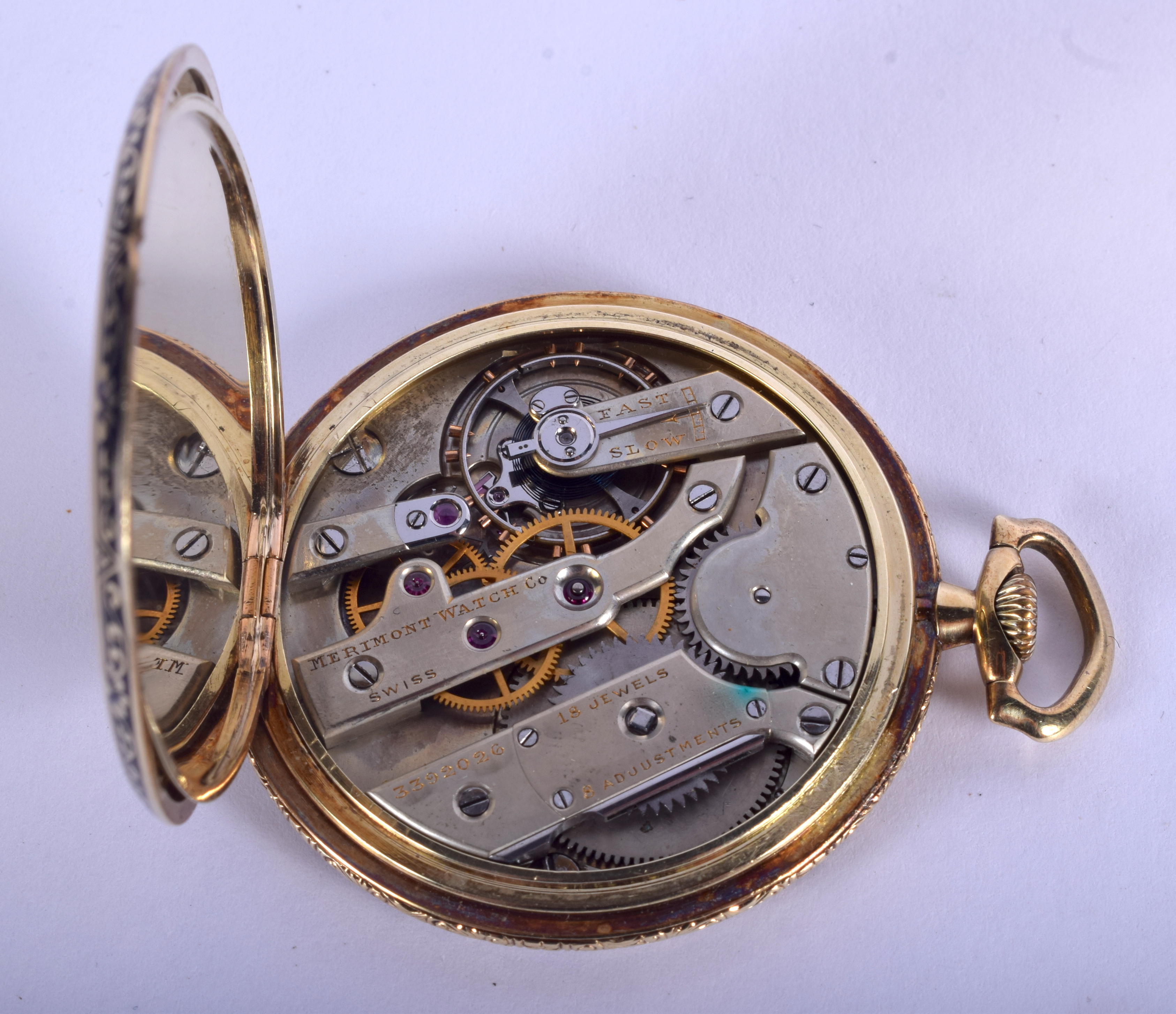 AN ANTIQUE 14CT GOLD AND ENAMEL POCKET WATCH decorated with foliage. 58.7 grams overall. 4.25 cm wid - Image 4 of 4