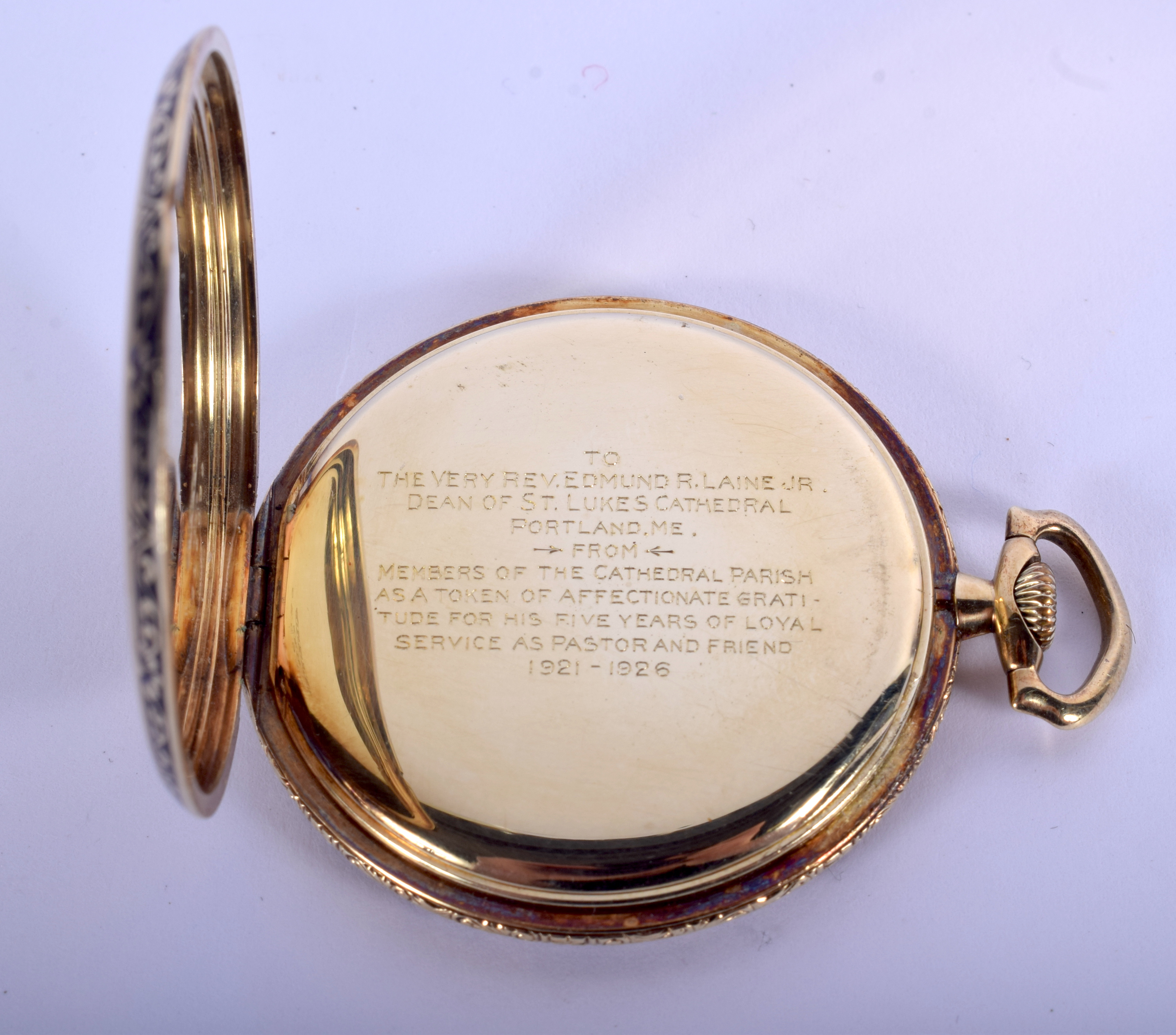 AN ANTIQUE 14CT GOLD AND ENAMEL POCKET WATCH decorated with foliage. 58.7 grams overall. 4.25 cm wid - Image 3 of 4