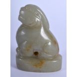 A 19TH CENTURY CHINESE CARVED GREEN JADE SEAL Qing, modelled as a beast looking upwards. 6.5 cm x 4.