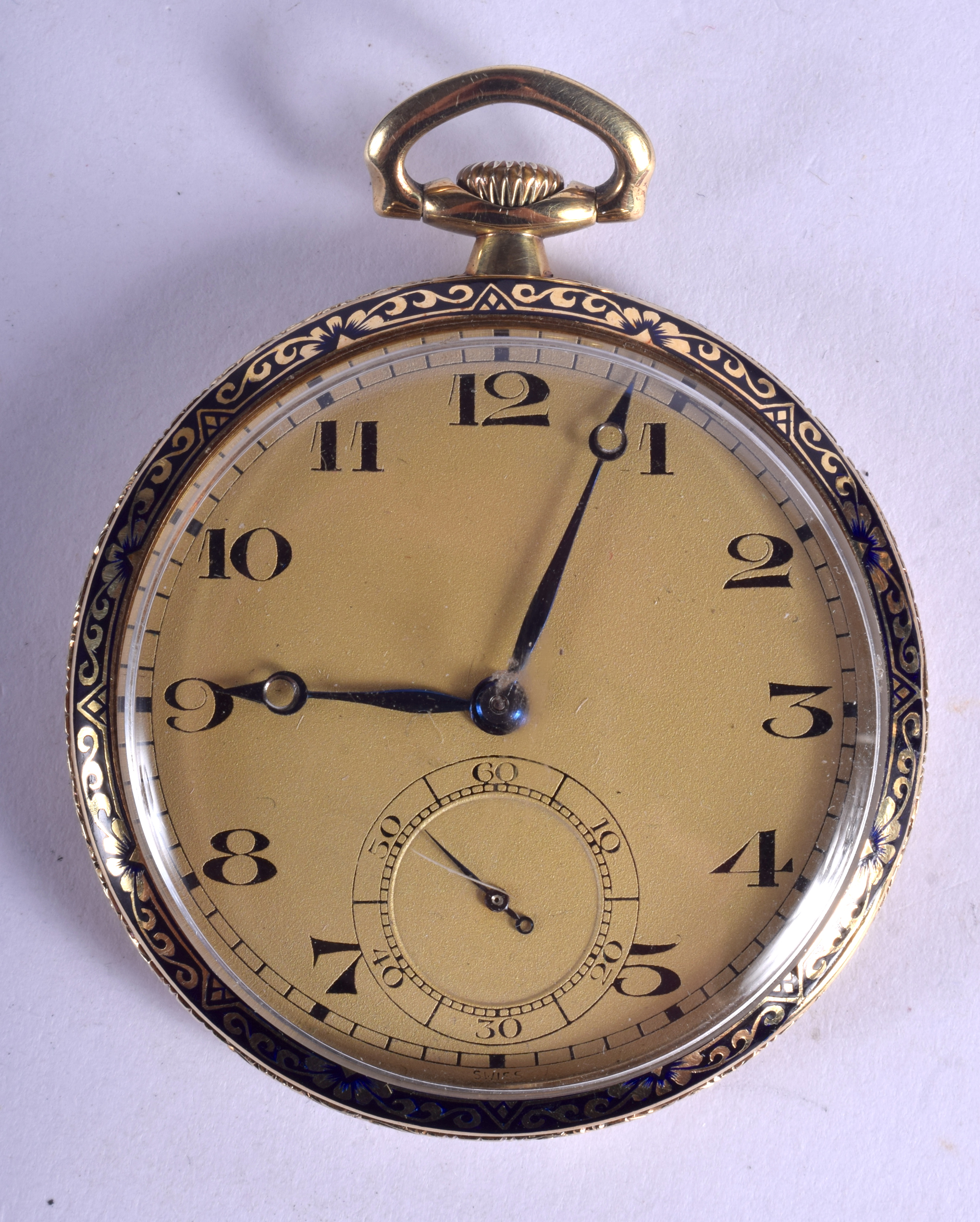 AN ANTIQUE 14CT GOLD AND ENAMEL POCKET WATCH decorated with foliage. 58.7 grams overall. 4.25 cm wid