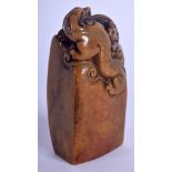 A 19TH CENTURY CHINESE CARVED SOAPSTONE SEAL Qing, with kylin terminal. 8.5 cm x 4 cm.