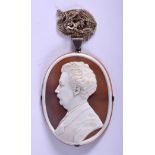 A VICTORIAN CARVED CAMEO NECKLACE with silver mounts. 5.5 cm x 6 cm.