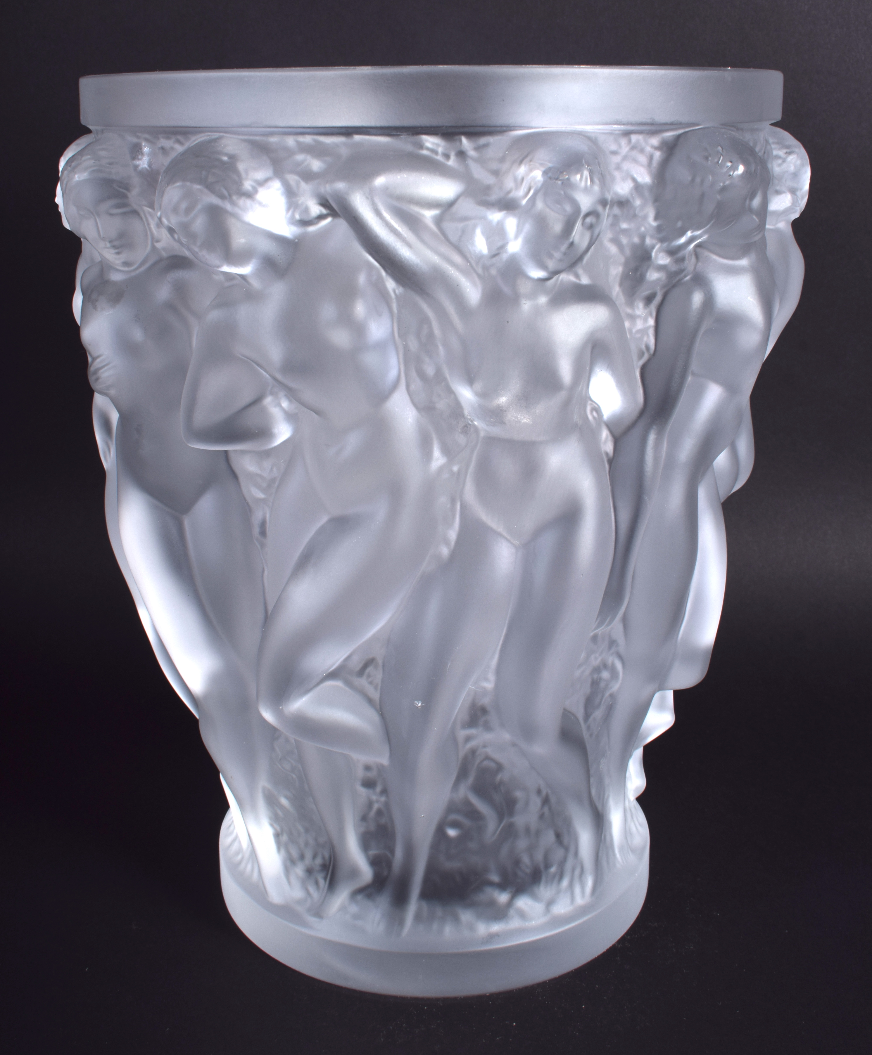 A LARGE FRENCH LALIQUE GLASS VASE decorated in the Bacchantes pattern. 25 cm x 17 cm. - Image 4 of 13