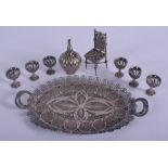 A RARE 19TH CENTURY MINIATURE SILVER FILIGREE TEASET ON TRAY. 11 cm wide. (9)