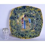 A LARGE CONTEMPORARY STUDIO POTTERY SQUARE DISH enamelled in the Troika style. 32 cm square.