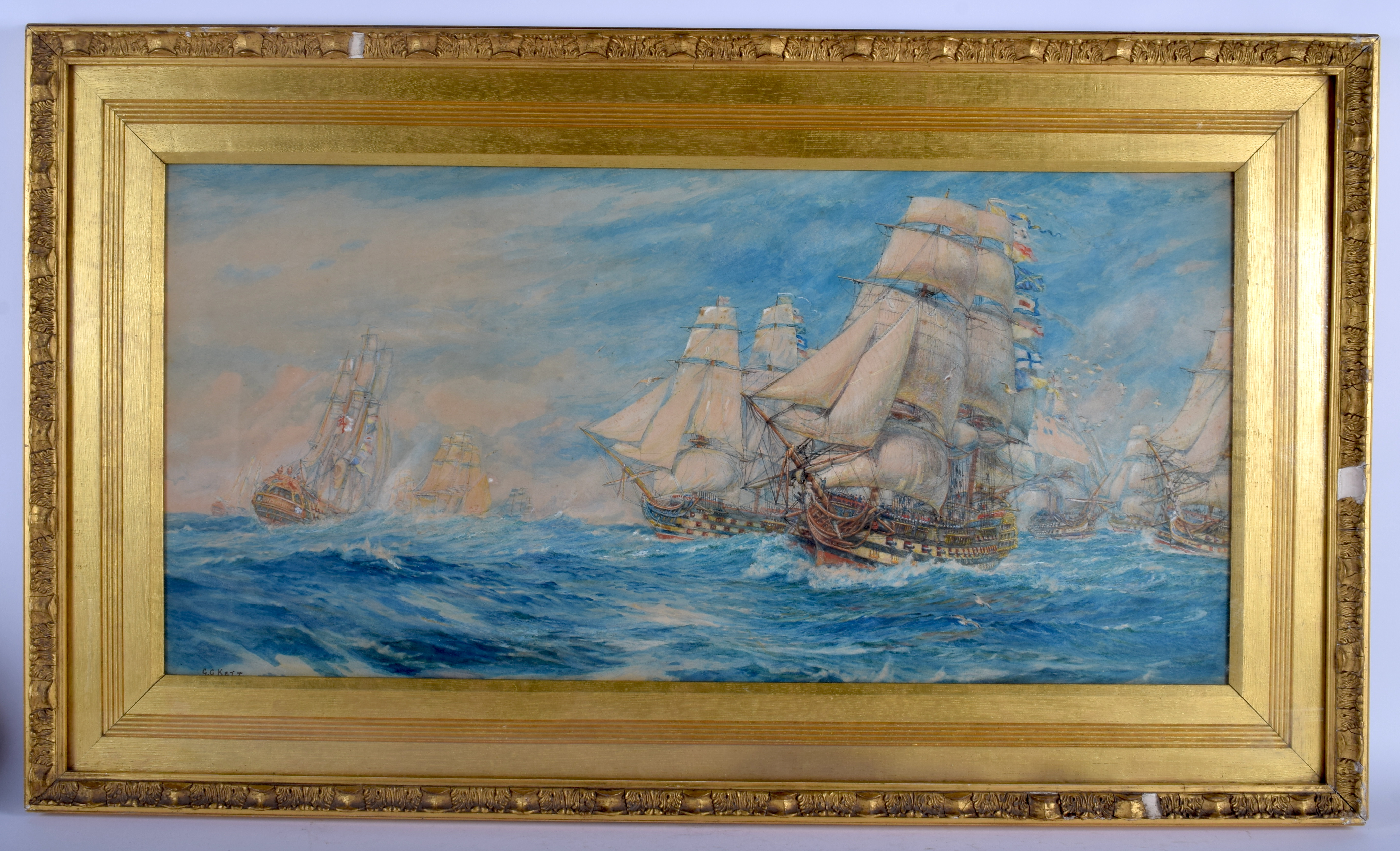 G C Kent (19th Century) Boat at sea, Watercolour. Image 77 cm x 36 cm.