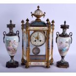 A FINE 19TH CENTURY FRENCH BRONZE CHAMPLEVE ENAMEL PORCELAIN CLOCK GARNITURE painted with scenes of