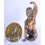 A LARGE 19TH CENTURY CONTINENTAL GRAND TOUR BRONZE SPHINX together with a bronze portrait dish. Larg