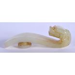 AN EARLY 20TH CENTURY CHINESE CARVED GREENISH WHITE JADE BELT HOOK Late Qing/Republic. 7.25 cm long.