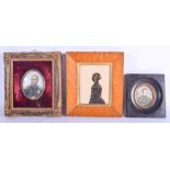 A REGENCY SILHOUTTE together with two late 19th century painted ivory portrait miniatures. Largest i