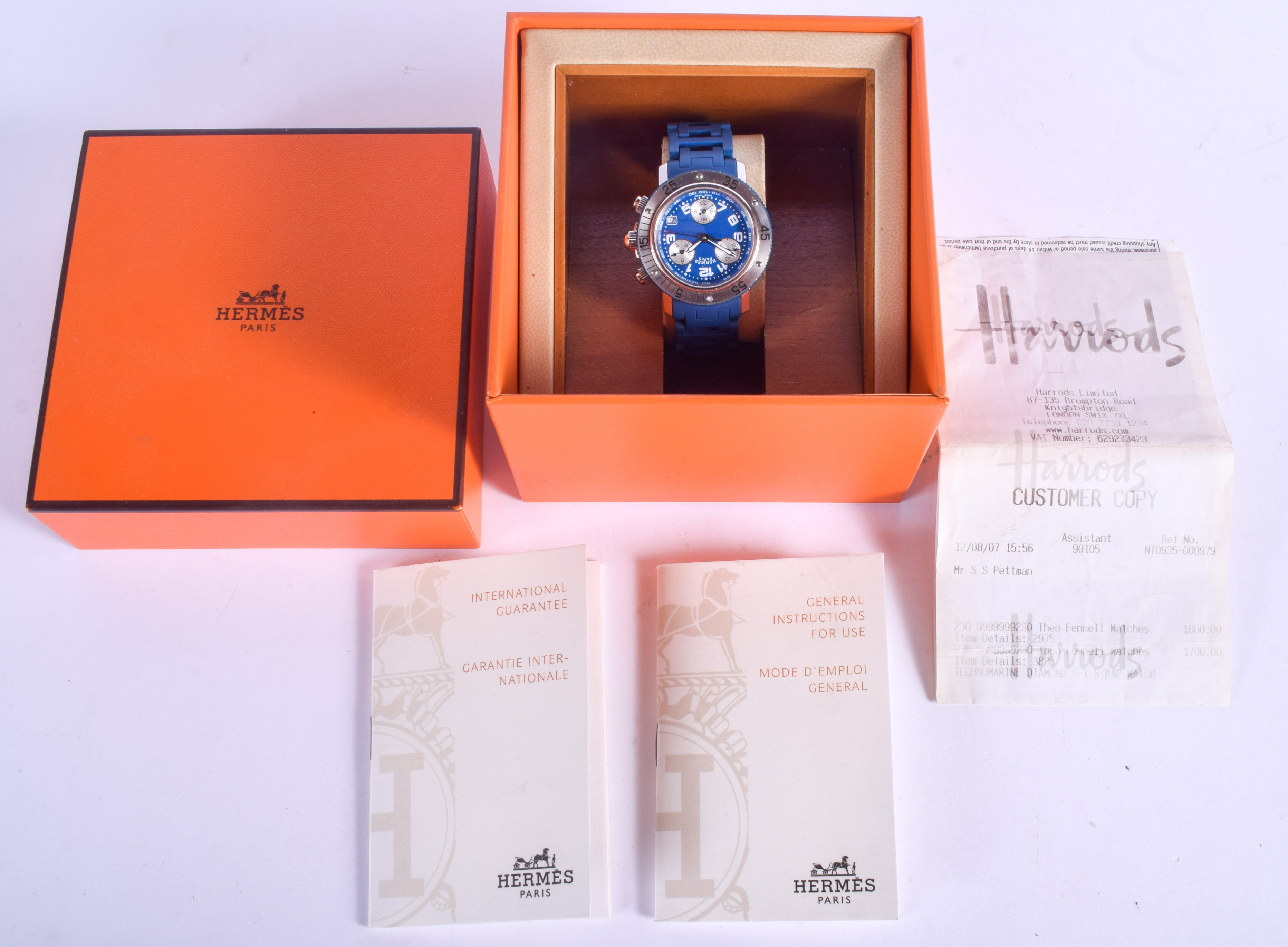 A BOXED HERMES BLUE CLIPPER WRISTWATCH. 3.25 cm wide.