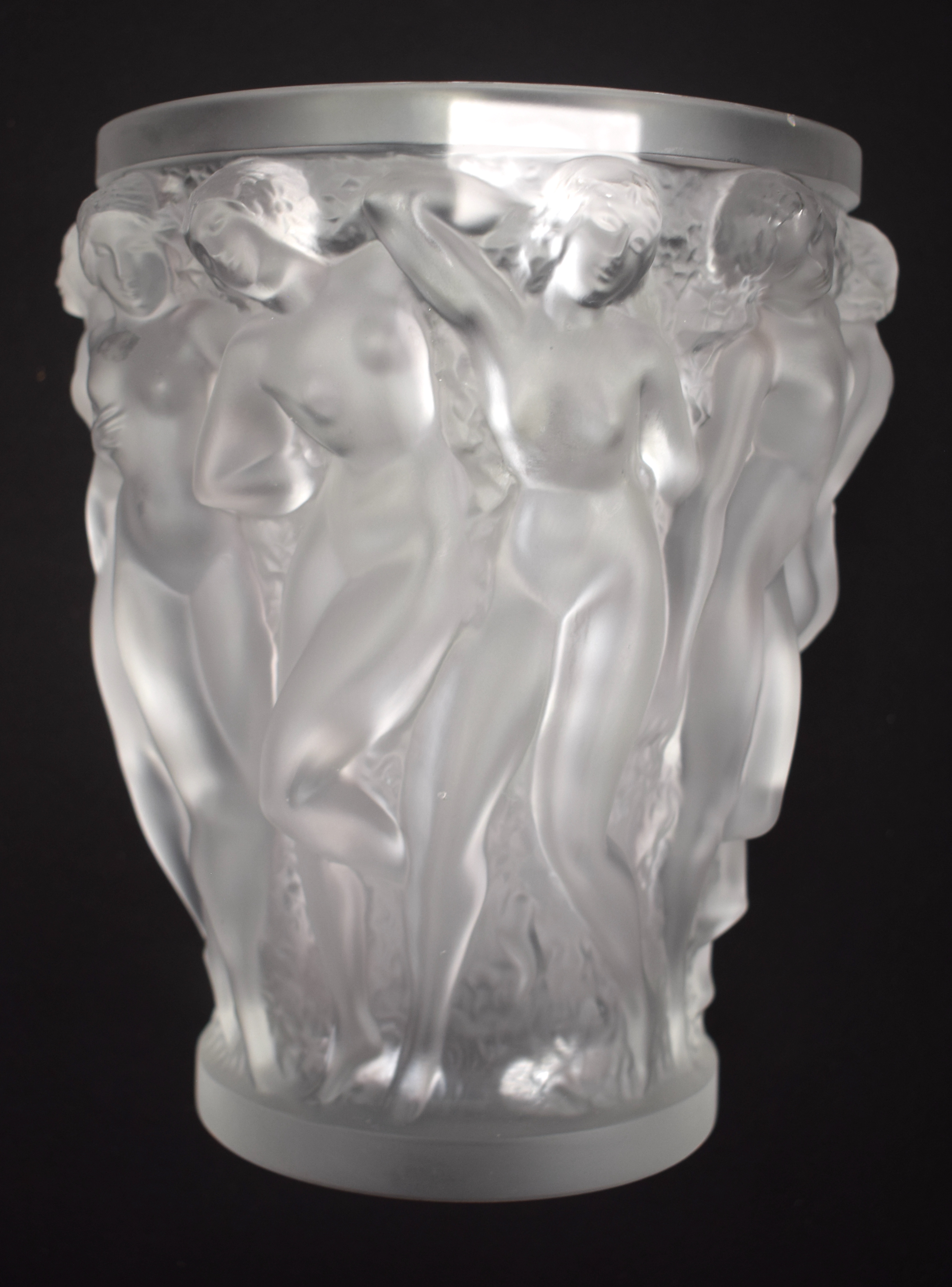 A LARGE FRENCH LALIQUE GLASS VASE decorated in the Bacchantes pattern. 25 cm x 17 cm. - Image 9 of 13