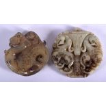 TWO EARLY 20TH CENTURY CHINESE CARVED JDE ROUNDELS Late Qing/Republic. Largest 5.5 cm wide. (2)