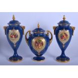 AN ANTIQUE FRUIT PAINTED SUITE OF ROYAL WORCESTER VASES AND COVERS painted by Harry Ayrton & William