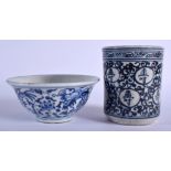 A CHINESE BLUE AND WHITE BRUSH POT 20th Century, together with another bowl. Largest 14 cm wide. (2)