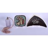 TWO VINTAGE RETRO ENGLISH POTTERY DISHES together with a French scent bottle. Largest 21 cm wide. (3