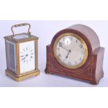 A FRENCH RBASS CARRIAGE CLOCK and a small a mantel clock. (2)