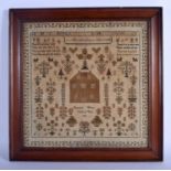 A MID 19TH CENTURY FRAMED SAMPLER by Elizabeth Warner, aged 12 years. Image 42 cm x 37 cm.