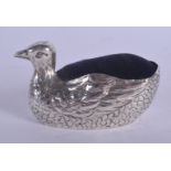 AN ANTIQUE CONTINENTAL SILVER PIN CUSHION in the form of a duck. 2.5 oz. 7 cm x 4 cm.