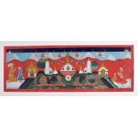 Mughal School (20th Century) Gouache, Temple scene with stupas in a forest. Image 40 cm x 13 cm.