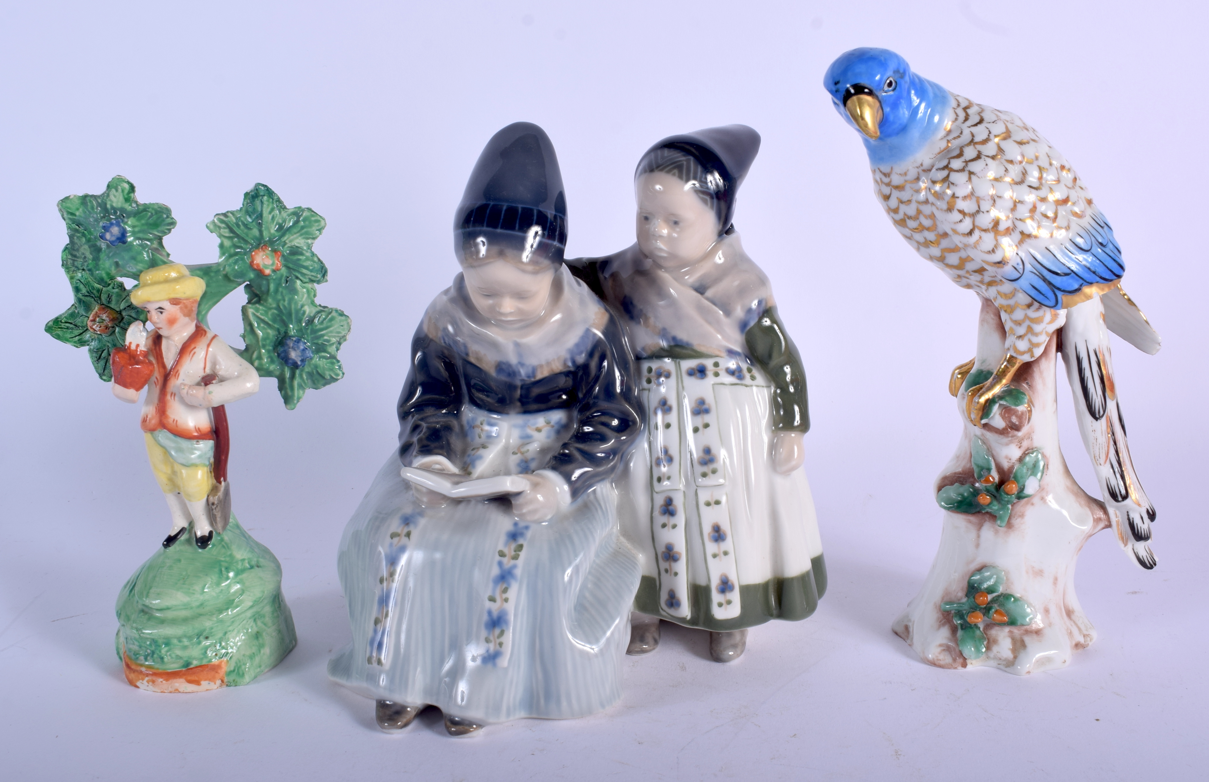 AN ANTIQUE CONTINENTAL PORCELAIN BIRD together with another figure etc. (3)