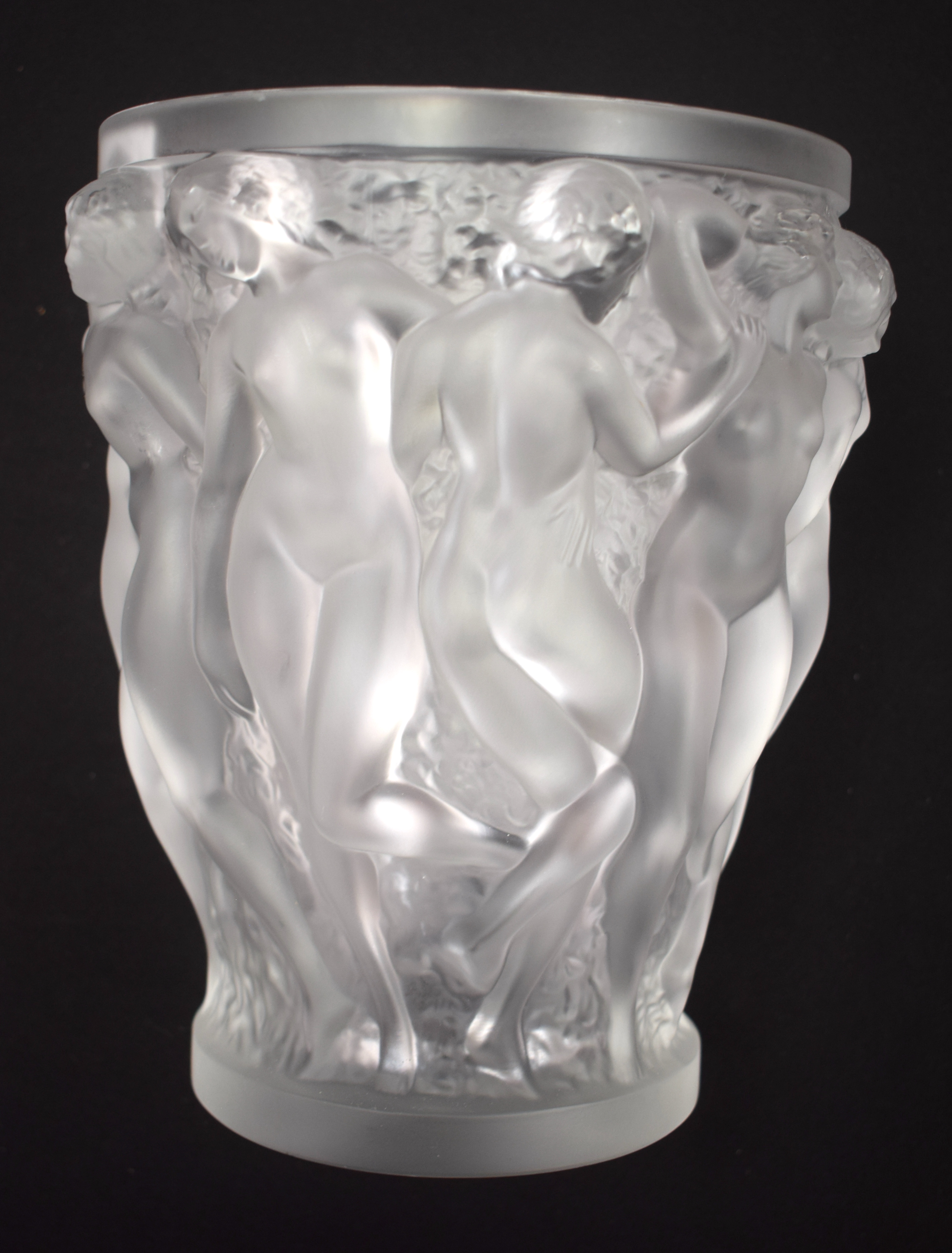 A LARGE FRENCH LALIQUE GLASS VASE decorated in the Bacchantes pattern. 25 cm x 17 cm. - Image 10 of 13