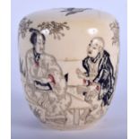 A 19TH CENTURY JAPANESE MEIJI PERIOD PAINTED IVORY BOX AND COVER decorated with figures. 6 cm x 5.5