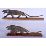 A PAIR OF 19TH CENTURY CONTINENTAL CARVED RHINOCEROS HORN FIGURES modelled as a tiger and lion, upon