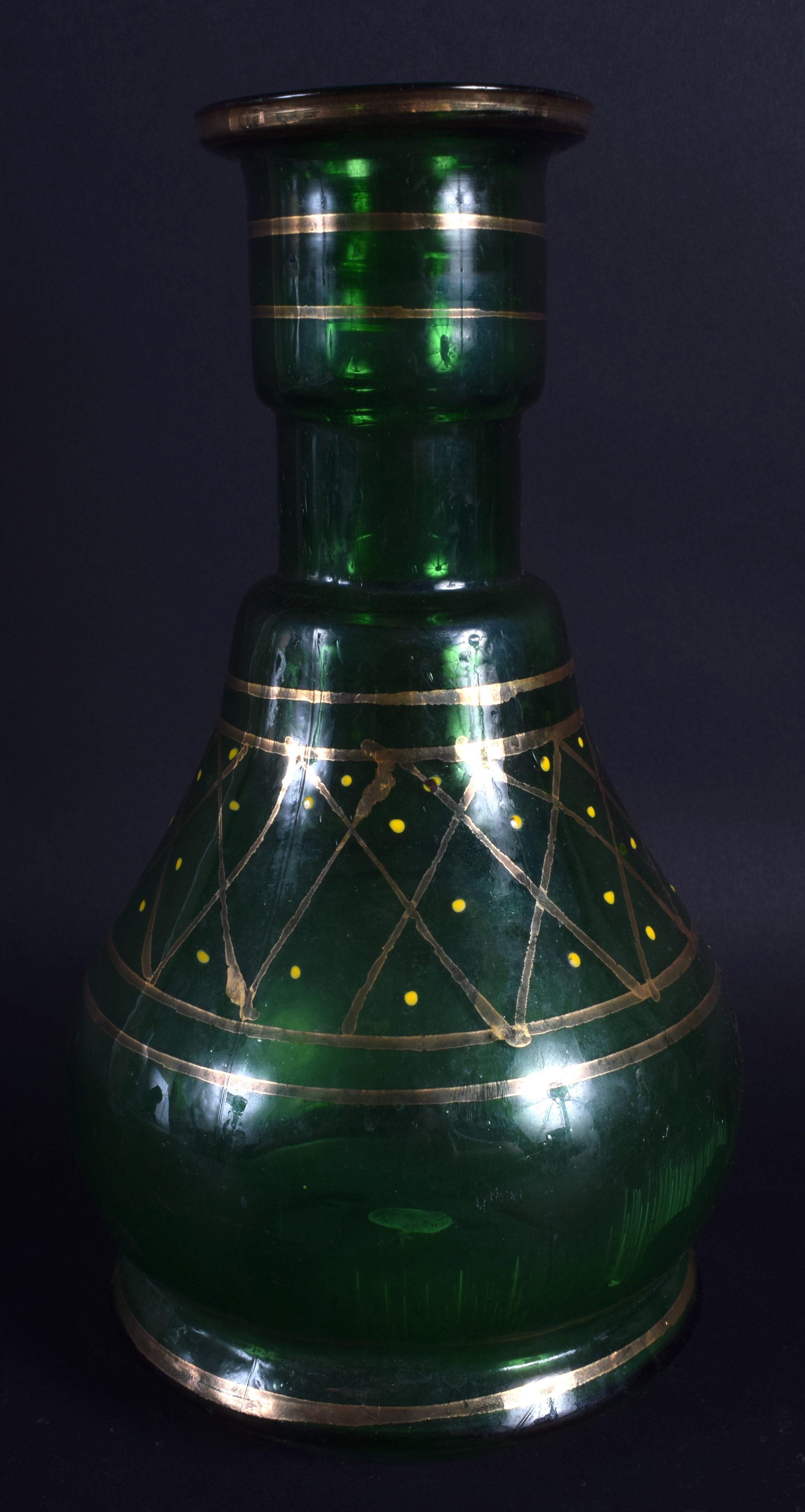 AN EARLY 20TH CENTURY PERSIAN MIDDLE EASTERN ISLAMIC GLASS HOOKAH BASE enamelled with spots. 24 cm h - Image 2 of 3