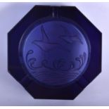 AN ANTIQUE PURPLE GLASS ASHTRAY decorated with birds. 12.5 cm wide.