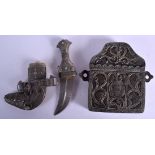 A RARE OMANI SILVER CHILDS JAMBIYA DAGGER together with a spice box. Largest 16 cm wide. (2)