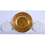 A PAIR OF ANTIQUE ROYAL COPENHAGEN PORCELAIN PANEL and a Minton plate. Largest 25 cm diameter. (3)