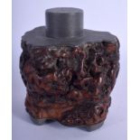 A RARE 18TH/19TH CENTURY CHINESE CARVED ROOTWOOD TEA CADDY Qing, with pewter mounts. 9 cm x 9 cm.