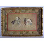 A PAIR OF EARLY 20TH CENTURY CHINESE FRAMED PRINTS depicting polo players. Image 35 cm x 15 cm.