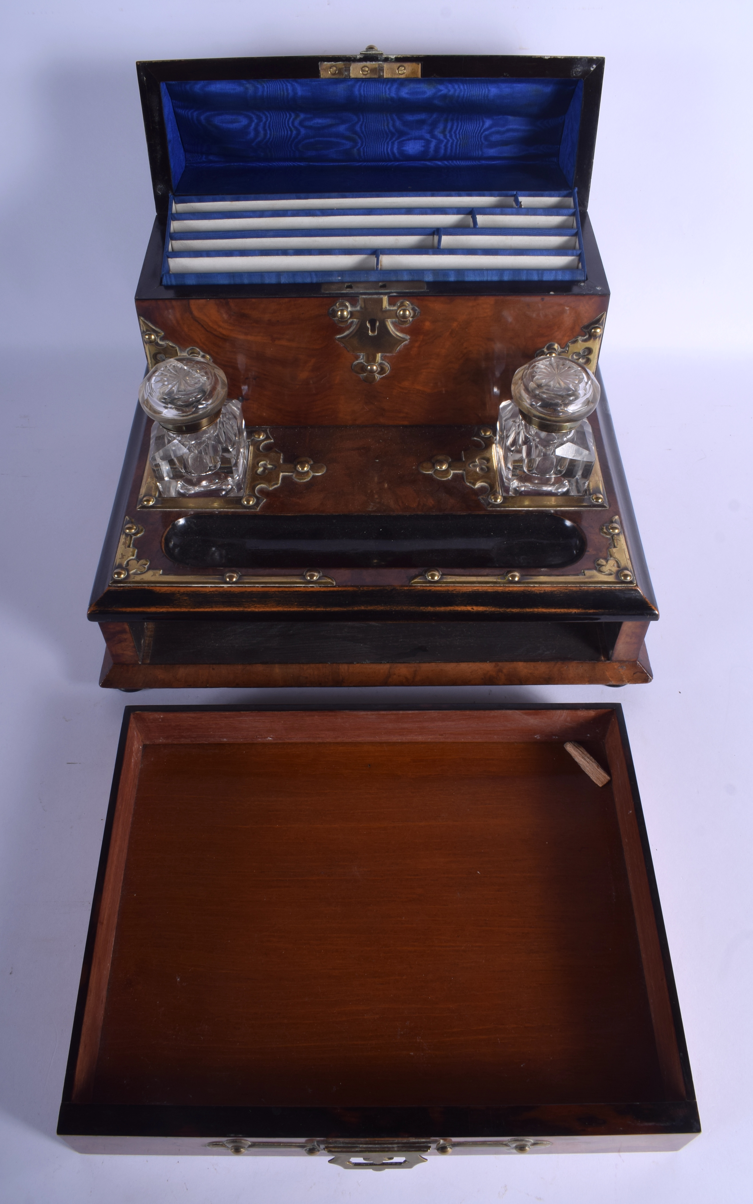 A LATE VICTORIAN BURR WALNUT BRASS BOUND INKWELL in the Gothic revival manner. 33 cm x 31 cm. - Image 3 of 3