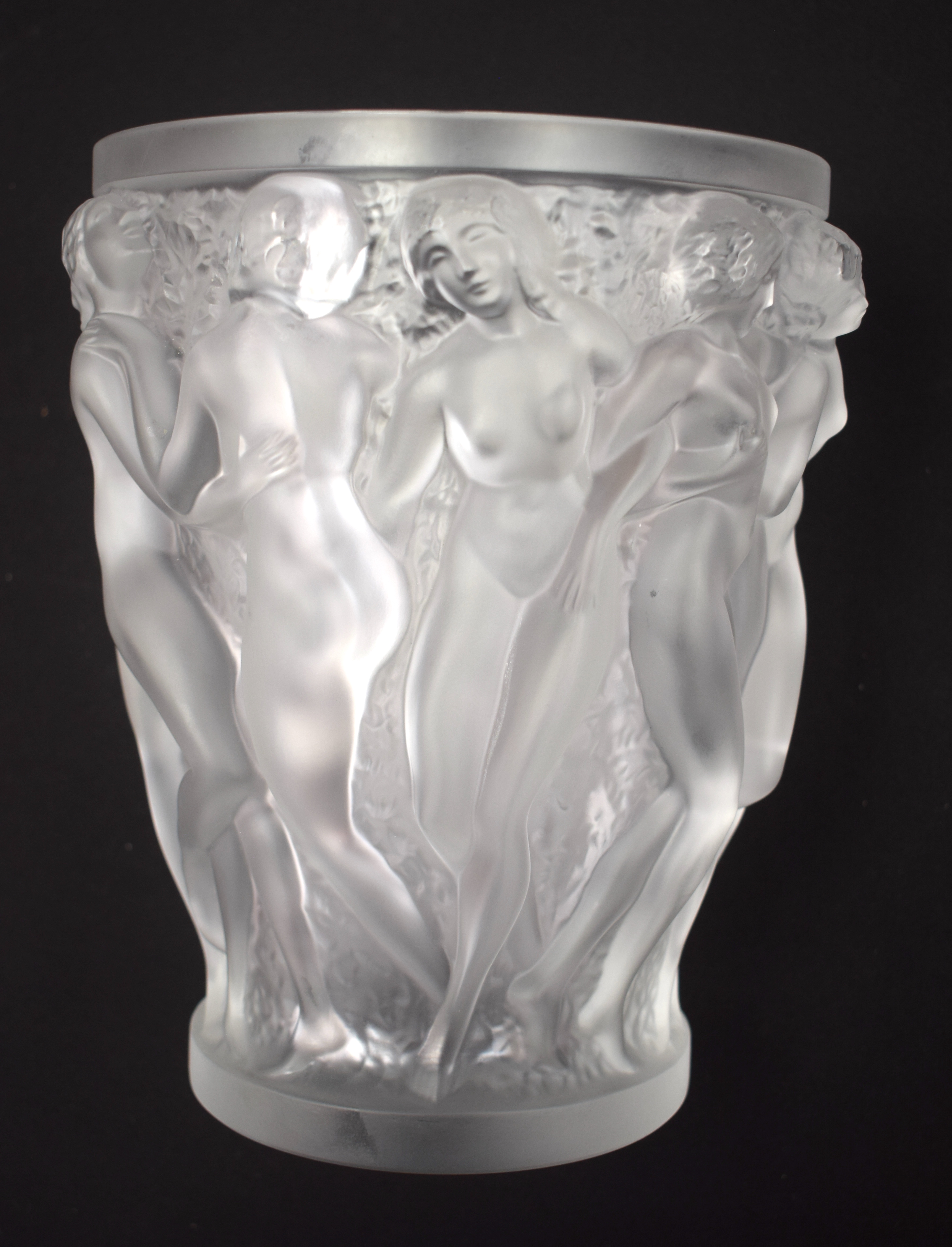 A LARGE FRENCH LALIQUE GLASS VASE decorated in the Bacchantes pattern. 25 cm x 17 cm. - Image 8 of 13