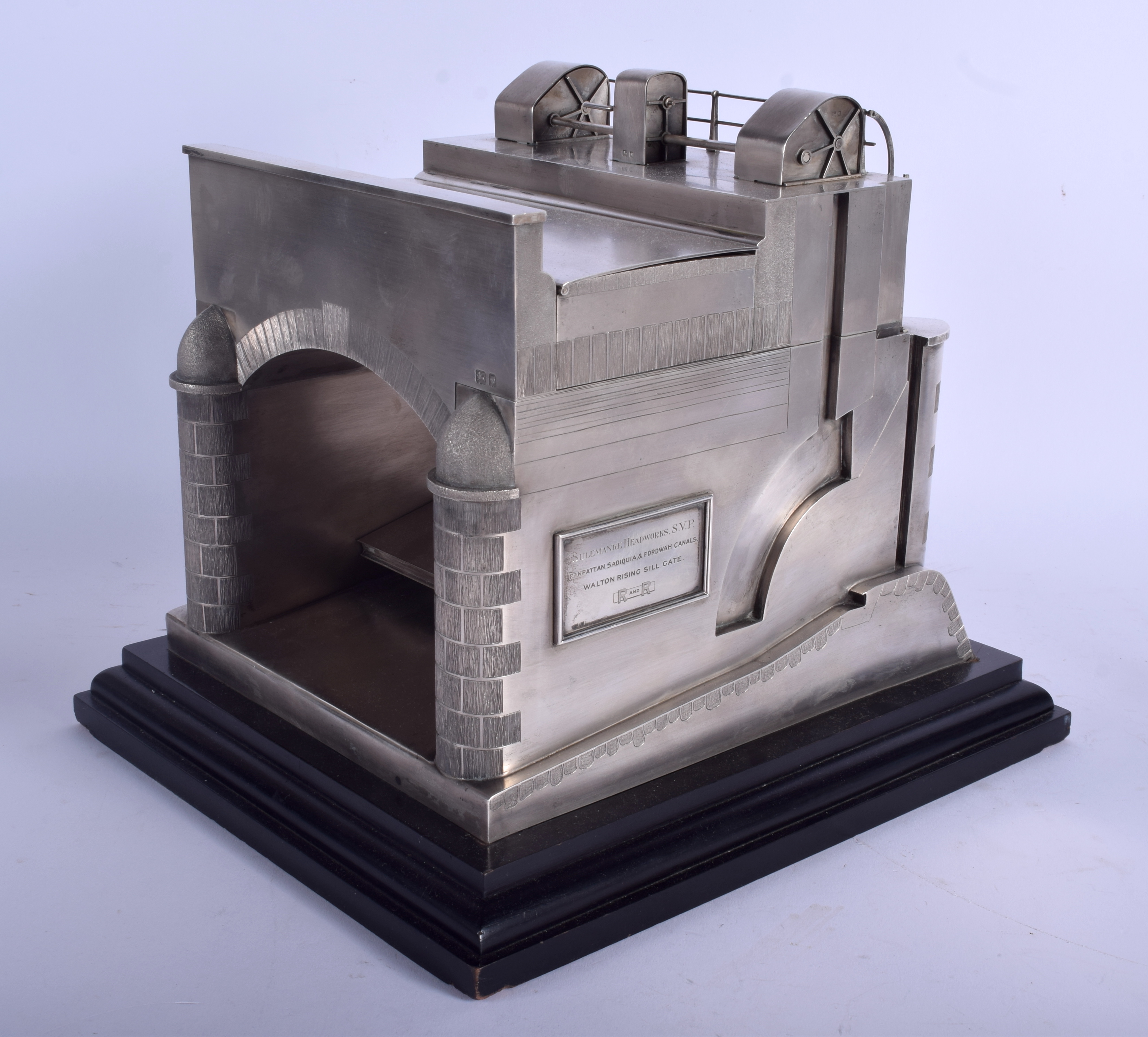 AN EXTREMELY RARE ENGLISH SILVER ART DECO MODEL OF THE SULEMANKI HEADWORKS by Wright & Davies (Willi - Image 2 of 7