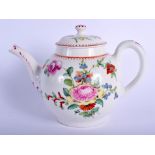 Bow teapot and cover with bun finial painted with flowers under a dot, loop and line border. 18 cm w