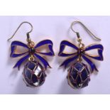 A PAIR OF SILVER ENAMEL GEM SET RIBBON EASTER EGG EARRINGS. 3.5 cm x 3.25 cm.